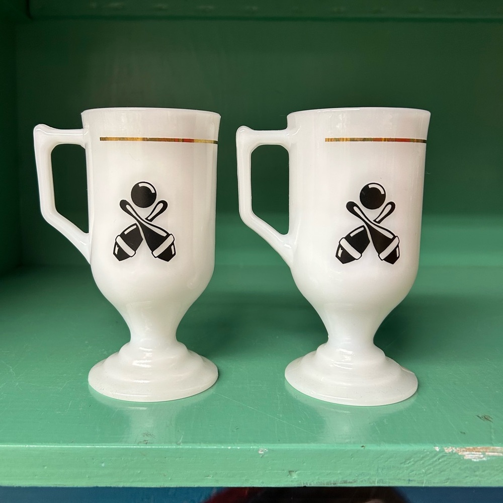 Set of 2 Vintage mugs Bowling pin and ball Milk Glass Tall Pedestal Coffee